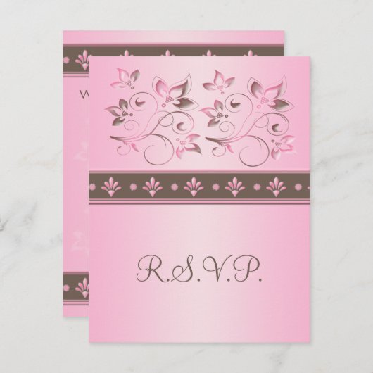 モカとピンクの花柄の返信カード 出欠カード (正面/裏面)