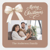 モカのコーヒークリーム弓の写真スクリプトクリスマス スクエアシール (正面)