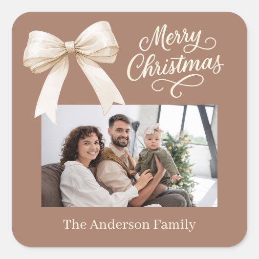 モカのコーヒークリーム弓の写真スクリプトクリスマス スクエアシール (正面)