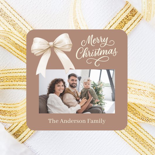 モカのコーヒークリーム弓の写真スクリプトクリスマス スクエアシール