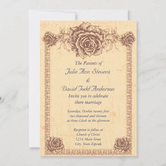 モカシン ヴィンテージ ローズ ボーダー ウェディング 招待状 (正面)