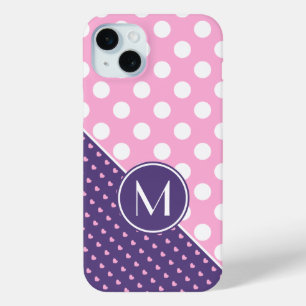 モカスタムノグラム、ピンク、紫、白水玉模様 iPhone 15 MINIケース