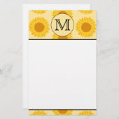 モカスタムノグラム、黄色のひまわりの花。 便箋 (正面/裏面)