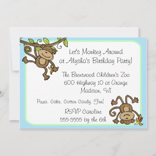 モカスタムンキー動のまわりに物誕生日招待状 招待状 (裏面)