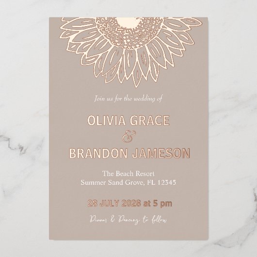 モカバラ金ゴールドひまわりモダンフローラ結婚ズ 箔招待状 (正面)