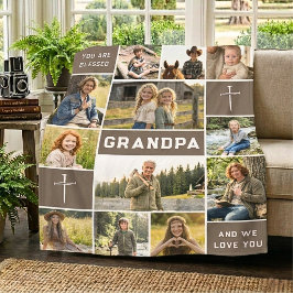 モカブラウンおじいちゃん名前12枚写真 遺品 フリースブランケット