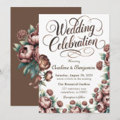 モカブラウンのペイントされた芍薬の結婚式のお祝い 招待状 (正面/裏面)