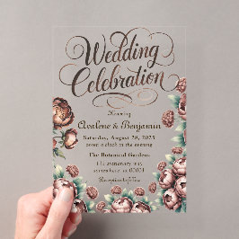 モカブラウンのペイント牡丹の結婚式の祝賀 アクリル招待状