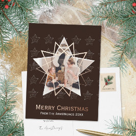 モカブラウンの幾何学スター モダンクリスマス 箔シーズンポストカード