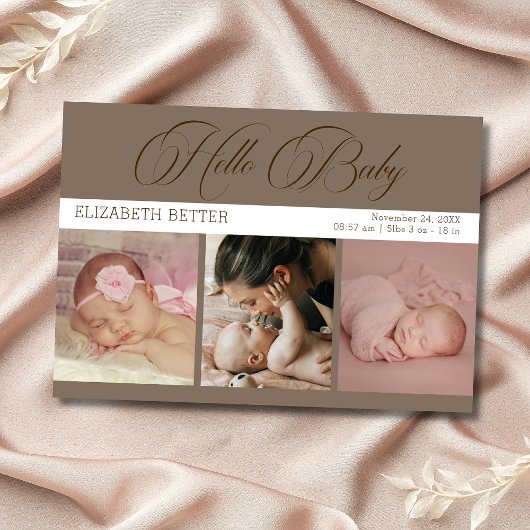 モカブラウンの「Hello Baby」3枚の写真入りベビーサンキューカード サンキューカード
