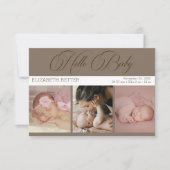 モカブラウンの「Hello Baby」3枚の写真入りベビーサンキューカード サンキューカード (正面)