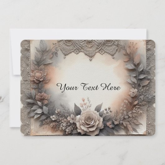 モカムースの色合いを帯びた花柄 ラッセルレース付き 招待状 (正面)