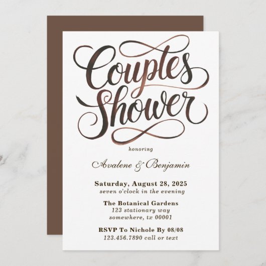 モカムース水彩タイポグラフィ カップルシャワー 招待状 (正面/裏面)