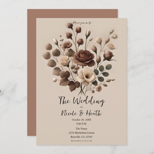 モカムース ベージュ ブラウン 花柄 ウェディング 招待状 (正面/裏面)