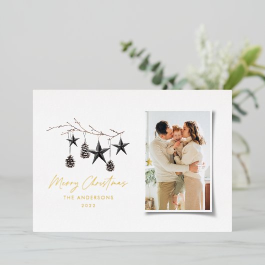 モカモダンスカンジエレガントスクリプトのクリスマス写真 箔シーズンカード (立ち正面)