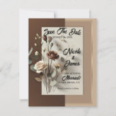 モカ カフェ オー レイ ブラウン ニュートラル フラワル セーブ デート 招待状 (正面)