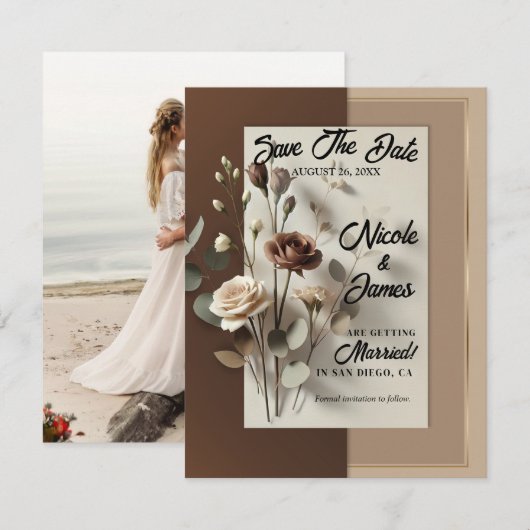 モカ カフェ オー レイ ブラウン ニュートラル フラワル セーブ デート 招待状 (正面/裏面)