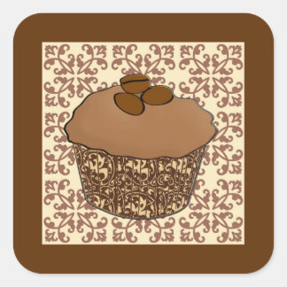 モカ/コーヒーフロストカップケーキ,レースの背景 スクエアシール