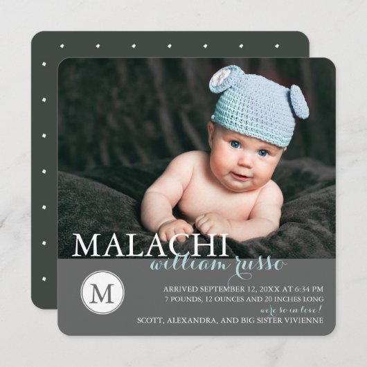 モクラシックノグラム男の赤ちゃん出生の告知 案内状 (正面/裏面)