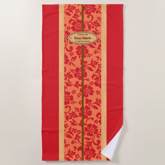 モクレイアハワイアンフェイクウッドモノグラムサーフボード ビーチタオル (正面)
