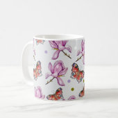 モクレンの花と蝶々、水彩画模様 コーヒーマグカップ (正面左)