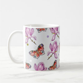 モクレンの花と蝶々、水彩画模様 コーヒーマグカップ