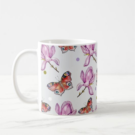 モクレンの花と蝶々、水彩画模様 コーヒーマグカップ (左)