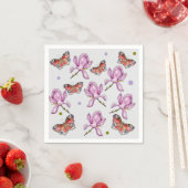 モクレンの花と蝶々、水彩画模様 スタンダードカクテルナプキン (インサイチュ)