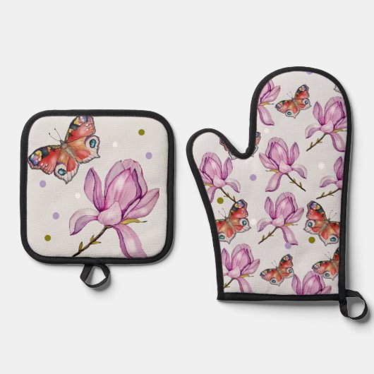 モクレンの花と蝶々、水彩画模様 鍋つかみ&鍋敷きセット (正面)