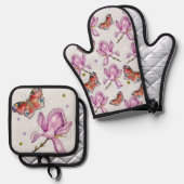モクレンの花と蝶々、水彩画模様 鍋つかみ&鍋敷きセット (正面/裏面)