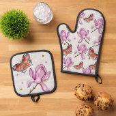 モクレンの花と蝶々、水彩画模様 鍋つかみ&鍋敷きセット (トップダウン)