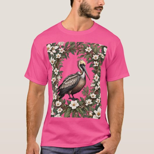 モクレンの花に囲まれたペリカン鳥のオーバーサイズ Tシャツ (正面)