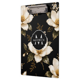 モクレンの花のシームレスパターンとイニシャルネーム クリップボード