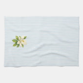 モクレンの花の絵ブルーストライプ キッチンタオル (横)