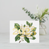 モクレンの花の華やかな新年 2027 ゴールド 箔シーズンポストカード (立ち正面)