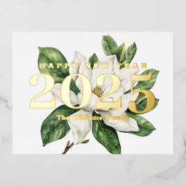 モクレンの花の華やかな新年 2027 ゴールド 箔シーズンポストカード