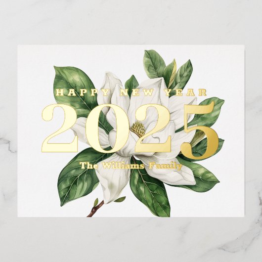 モクレンの花の華やかな新年 2027 ゴールド 箔シーズンポストカード (正面)