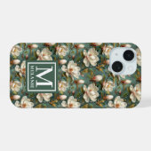 モクレンの花柄 名前 モノグラム iPhone 15ケース (裏面横)