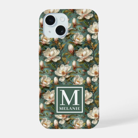 モクレンの花柄 名前 モノグラム iPhone 15ケース (裏面)