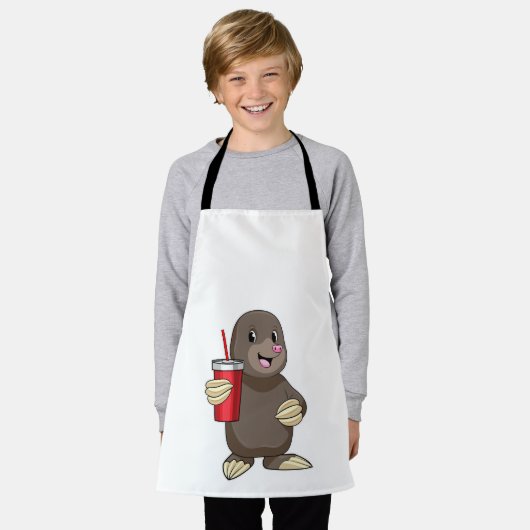 モグラと飲みマグ エプロン (着用した状態)