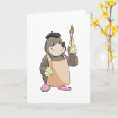 モグラの画家、筆を持つ カード (黄色い花)