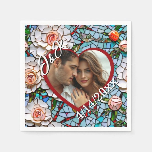 モザイクのステンドグラスと結婚タイルパーソナライズされた スタンダードカクテルナプキン (正面)