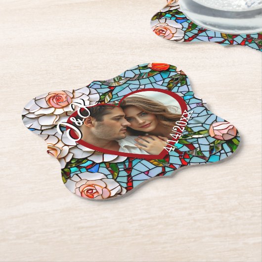 モザイクのステンドグラスと結婚タイルパーソナライズされた ペーパーコースター (アングル)