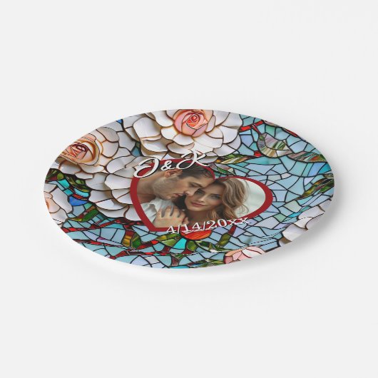 モザイクのステンドグラスと結婚タイルパーソナライズされた ペーパープレート (アングル)