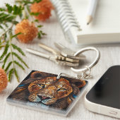 モザイクのステンドグラス効果を持つライオンズヘッド キーホルダー (正面右)