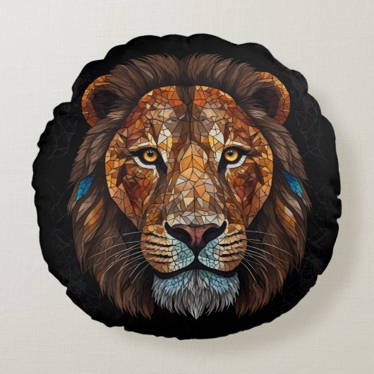 モザイクのステンドグラス効果を持つライオンズヘッド ラウンドクッション (正面)
