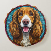 モザイクの背景を持つ犬インスパイアのポートレート ラウンドクッション (裏面)