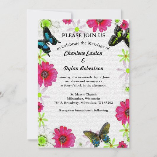 モザイクの蝶と花カップルの写真を追加 招待状 (正面)