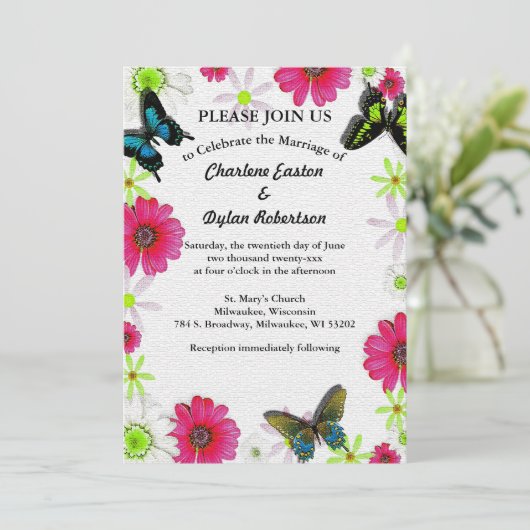 モザイクの蝶と花カップルの写真を追加 招待状 (スタンド正面)