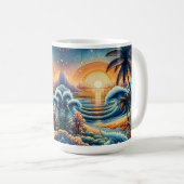 モザイクアイアート |海の日没とヤシの木 コーヒーマグカップ (正面右)